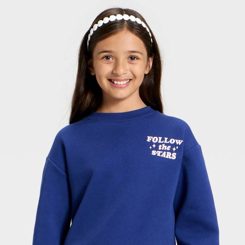 slide 2 of 4, Girls' Fleece 'Follow the Stars' Relaxed Fit Pullover Sweatshirt - Cat & Jack™ Blue S, 1 ct
