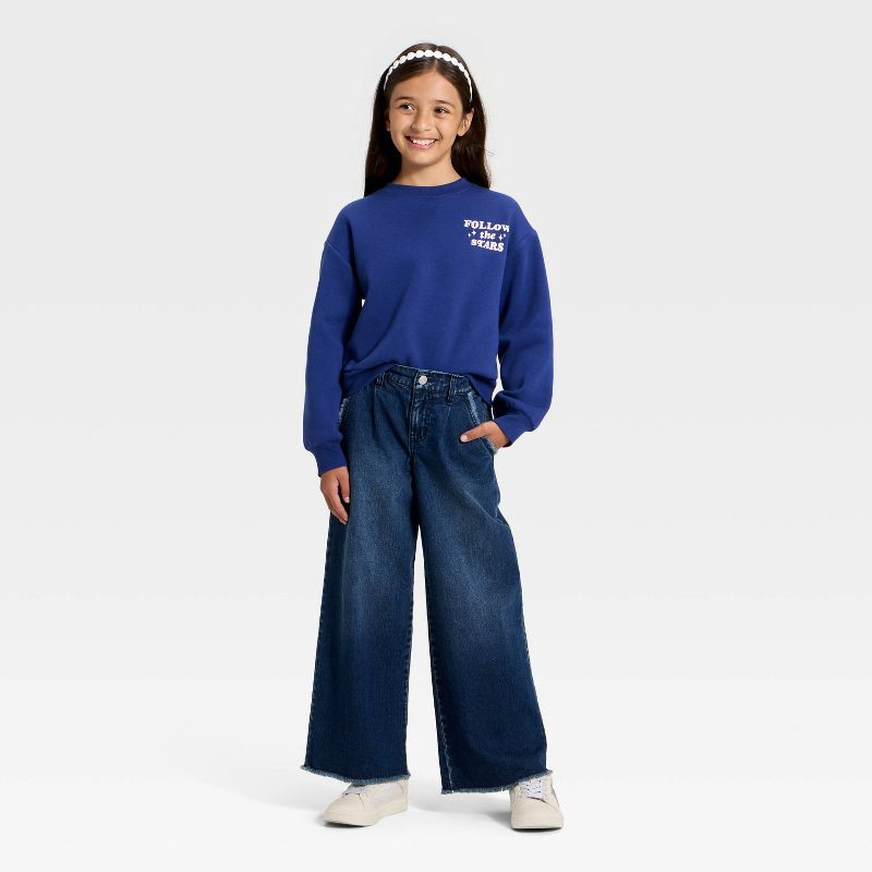 slide 4 of 4, Girls' Fleece 'Follow the Stars' Relaxed Fit Pullover Sweatshirt - Cat & Jack™ Blue S, 1 ct