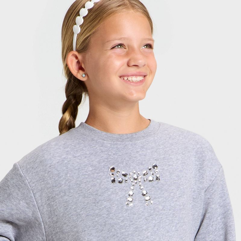 slide 2 of 4, Girls' Fleece Jewel Bow Relaxed Fit Pullover Sweatshirt - Cat & Jack™ Heather Gray L, 1 ct