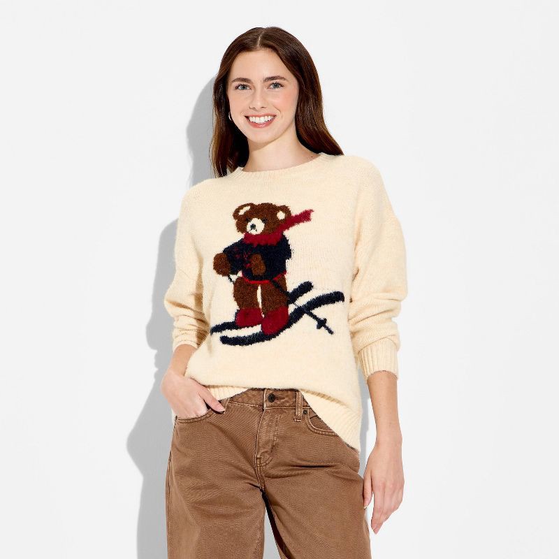 slide 2 of 3, Women's Crewneck Pullover Heritage Novelty Sweater - Wild Fable™ Off-White Bears M, 1 ct