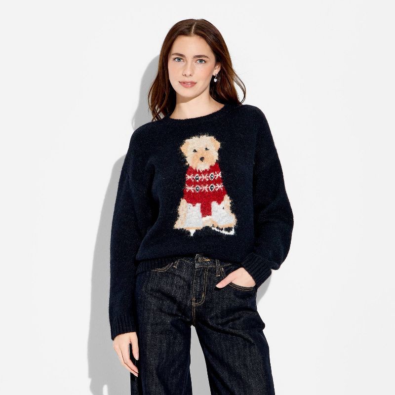 slide 2 of 3, Women's Crewneck Pullover Heritage Novelty Sweater - Wild Fable™ Navy Blue Dogs XL, 1 ct