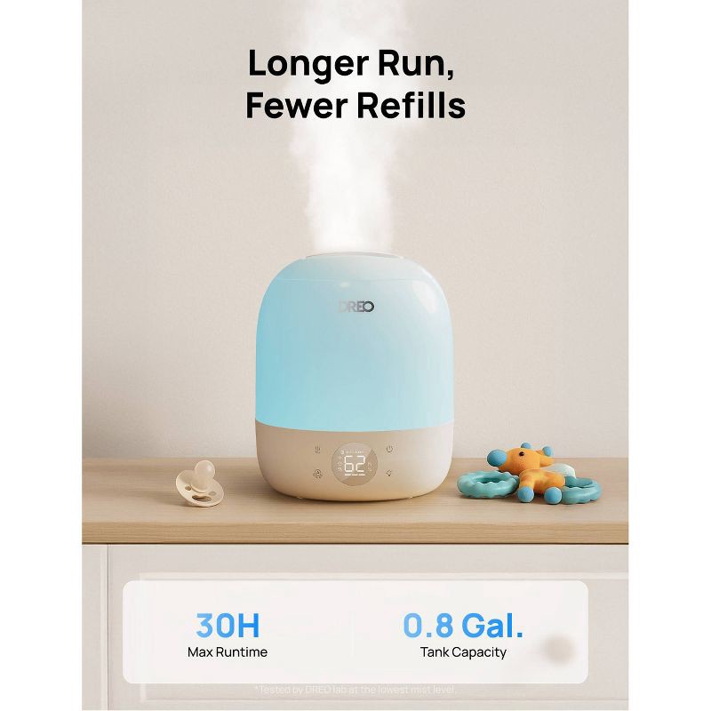 slide 5 of 9, DREO 0.8gal Smart Top Fill 30H and 26dB Quiet Runtime Cool Mist Ultrasonic Humidifier with Humidity Sensor, 0.8 gal