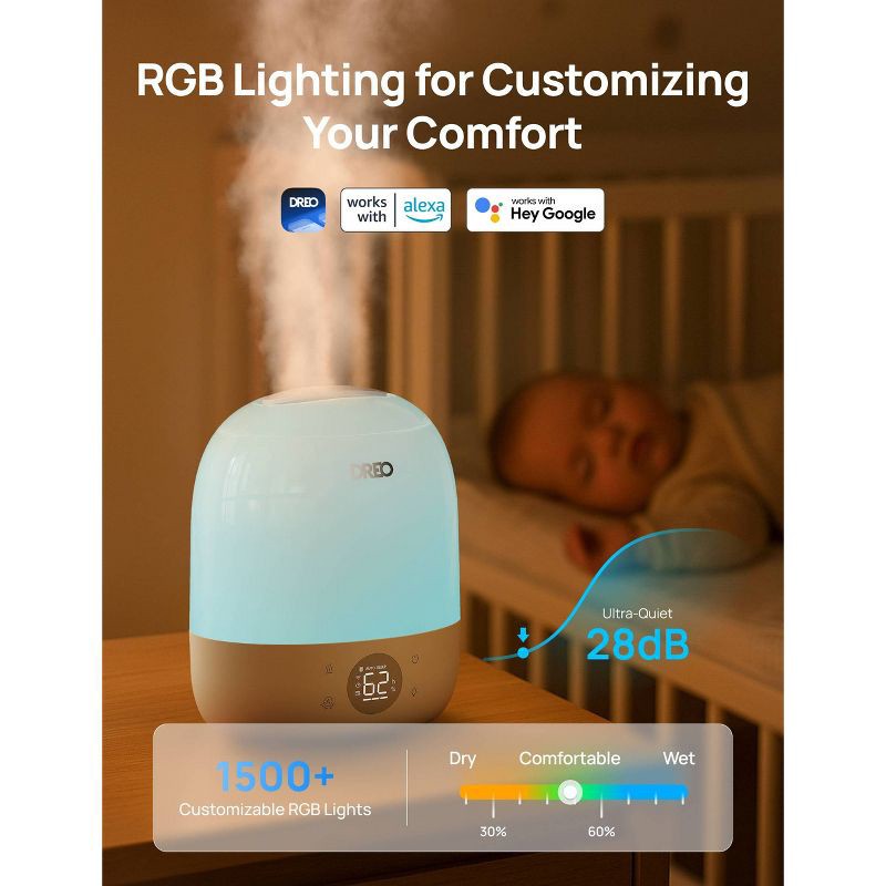 slide 7 of 9, DREO 0.8gal Smart Top Fill 30H and 26dB Quiet Runtime Cool Mist Ultrasonic Humidifier with Humidity Sensor, 0.8 gal