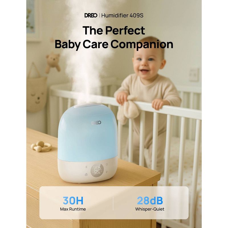 slide 8 of 9, DREO 0.8gal Smart Top Fill 30H and 26dB Quiet Runtime Cool Mist Ultrasonic Humidifier with Humidity Sensor, 0.8 gal