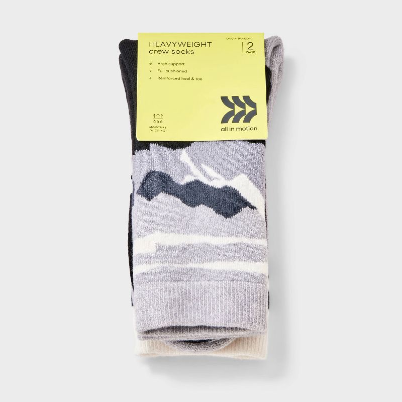 slide 2 of 3, Boys' 2pk Mountain Print Outdoor Crew Socks - All In Motion™ Gray L, 2 ct