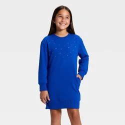 Girls' Long Sleeve French Terry Rhinestone Dress - Cat & Jack™ Blue XS