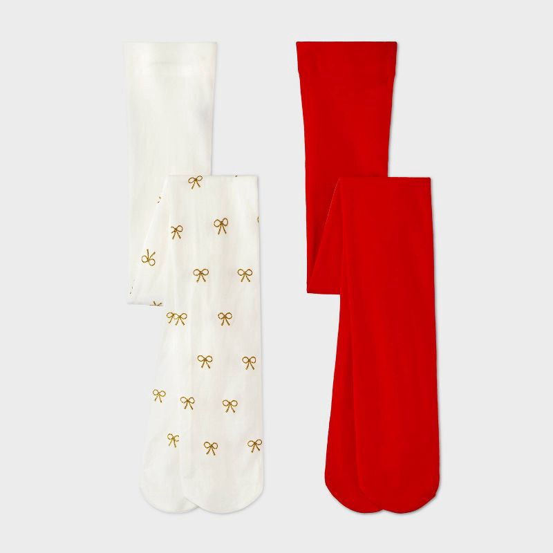 slide 1 of 3, Girls' 2pk Holiday Sparkly Bow Tights - Cat & Jack™ Ivory/Red M, 2 ct