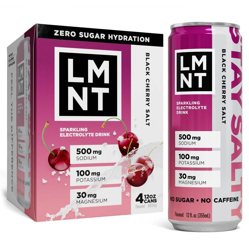 slide 1 of 5, LMNT Zero Sugar Black Cherry Sparkling Electrolyte Drink - 4pk/12 fl oz Cans, 4 ct; 12 fl oz