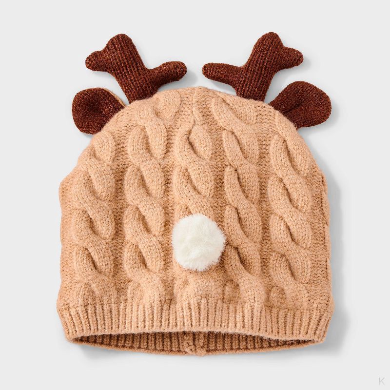 slide 1 of 3, Baby Reindeer Beanie - Cat & Jack™ Brown 0-6M, 1 ct