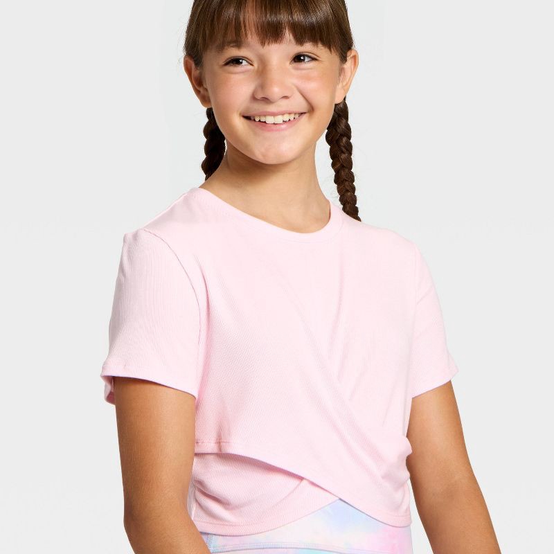 slide 3 of 3, Girls' Twist Front Ribbed T-Shirt - All In Motion™ Light Pink XS, 1 ct