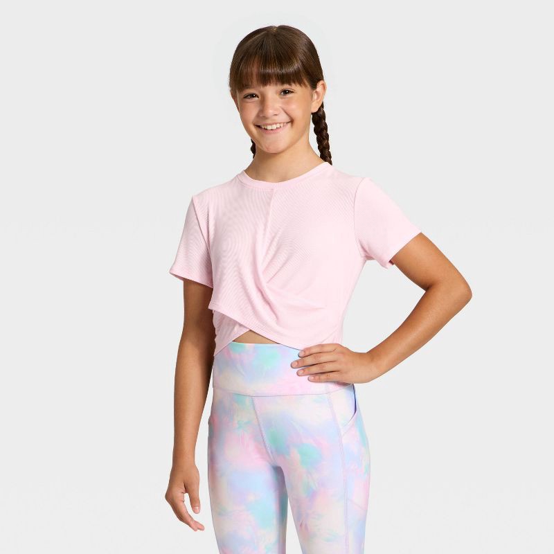 slide 1 of 3, Girls' Twist Front Ribbed T-Shirt - All In Motion™ Light Pink XS, 1 ct