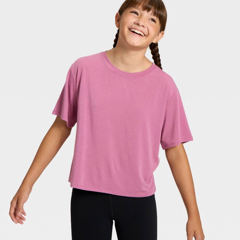 slide 3 of 3, Girls' Beyond Ease Boxy T-Shirt - All In Motion™ Dark Mauve L, 1 ct