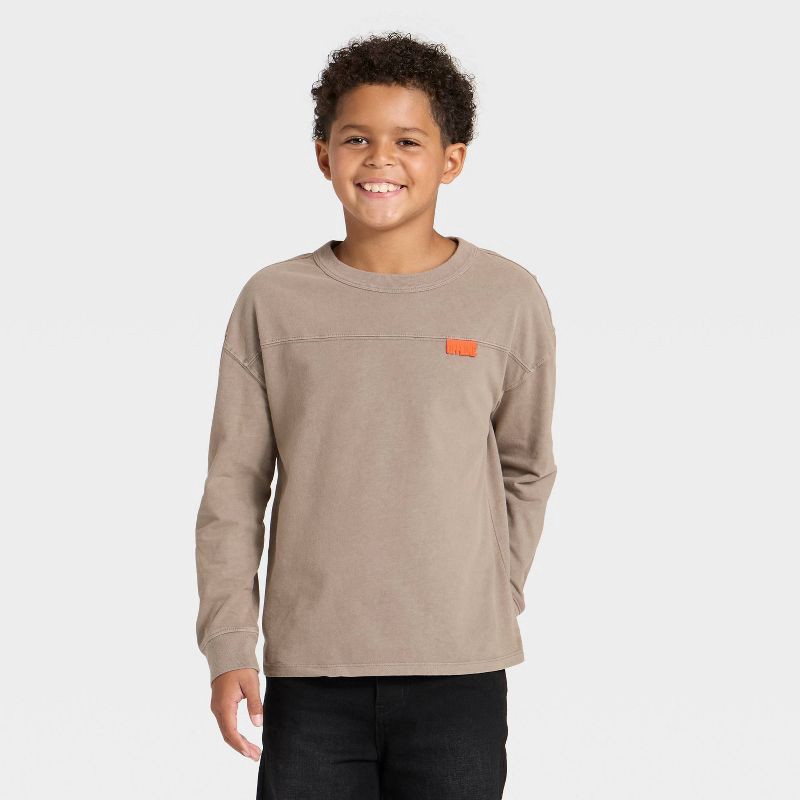 slide 1 of 3, Boys' Long Sleeve Oversized Fit Patch T-Shirt - Cat & Jack™ Brown XL, 1 ct