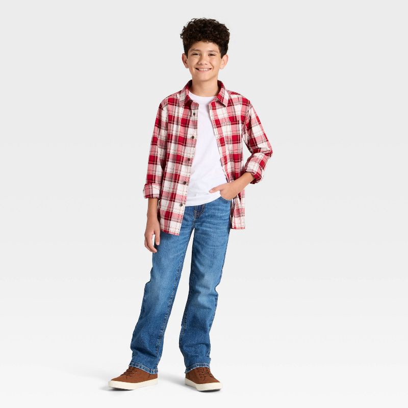 slide 3 of 3, Boys' Long Sleeve Plaid Button-Down Shirt - Cat & Jack™ Red M, 1 ct