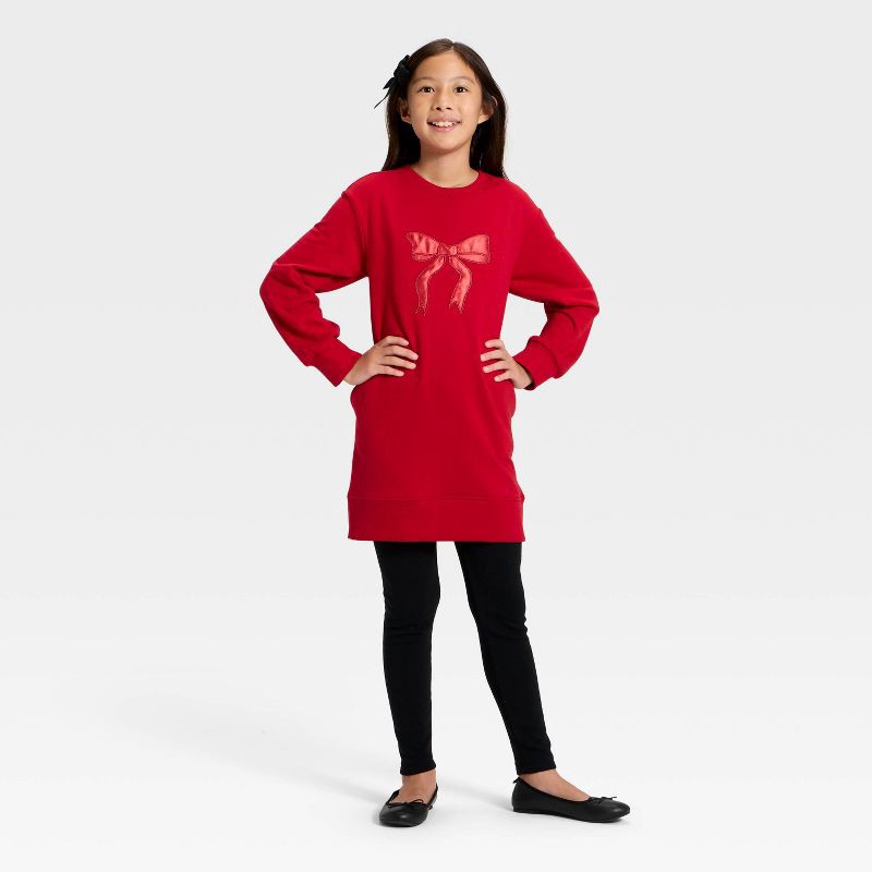 slide 4 of 4, Girls' Long Sleeve French Terry Bow Dress - Cat & Jack™ Wine Red XS, 1 ct