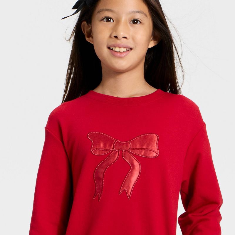 slide 2 of 4, Girls' Long Sleeve French Terry Bow Dress - Cat & Jack™ Wine Red S, 1 ct