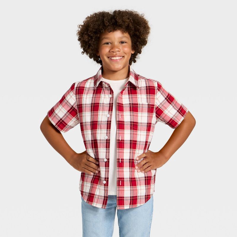 slide 1 of 3, Boys' Short Sleeve Plaid Button-Down Shirt - Cat & Jack™ Red XS, 1 ct