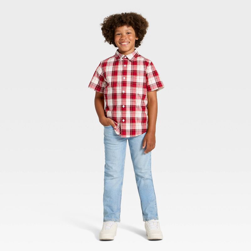 slide 3 of 3, Boys' Short Sleeve Plaid Button-Down Shirt - Cat & Jack™ Red XL, 1 ct