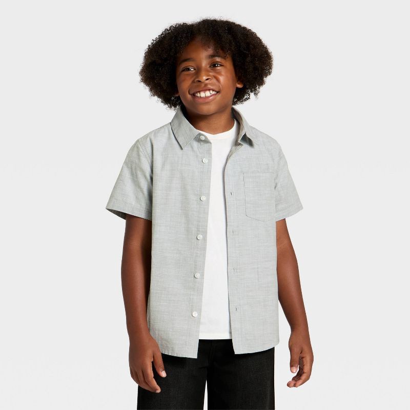 slide 1 of 3, Boys' Short Sleeve Chambray Button-Down Shirt - Cat & Jack™ Gray XS, 1 ct