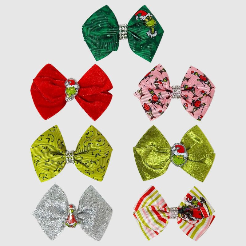 slide 2 of 4, Dr. Seuss Girls' 7pk 'The Grinch' Christmas Hair Bow Set, 7 ct
