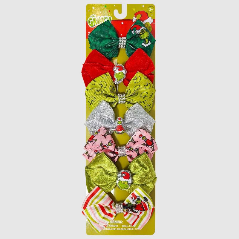 slide 1 of 4, Dr. Seuss Girls' 7pk 'The Grinch' Christmas Hair Bow Set, 7 ct
