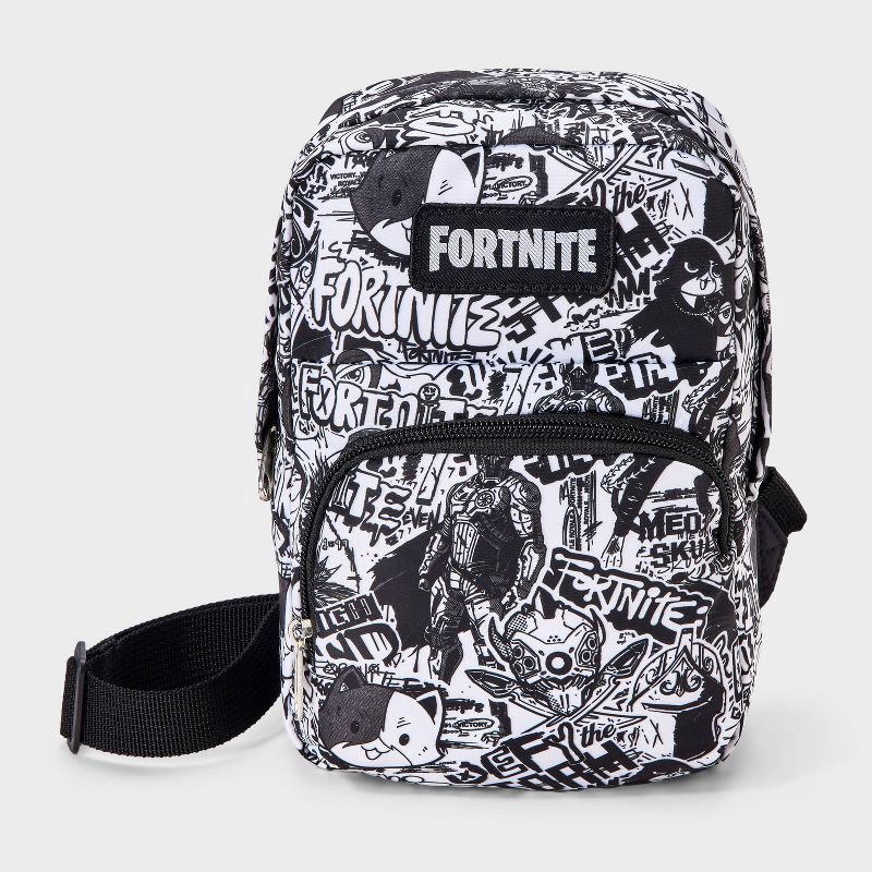 slide 1 of 4, Boys' Fortnite Sling Pack - Black/White, 1 ct
