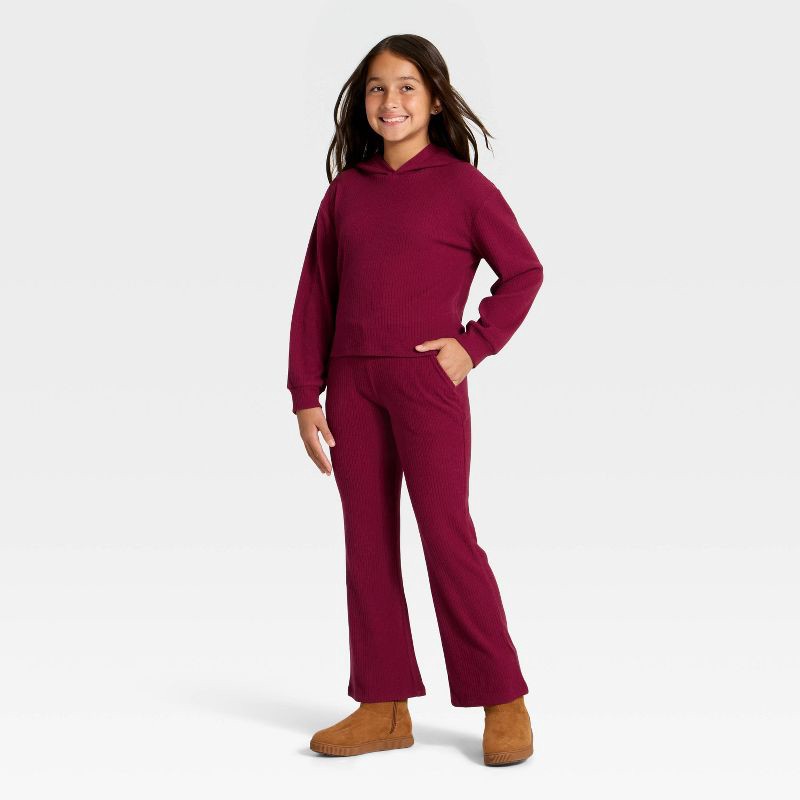 slide 3 of 3, Girls' Ribbed Flare Pants - Cat & Jack™ Dark Red XL, 1 ct