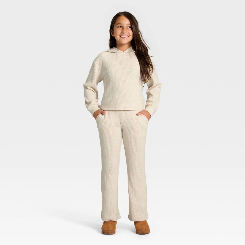 slide 3 of 3, Girls' Ribbed Flare Pants - Cat & Jack™ Oatmeal XL, 1 ct