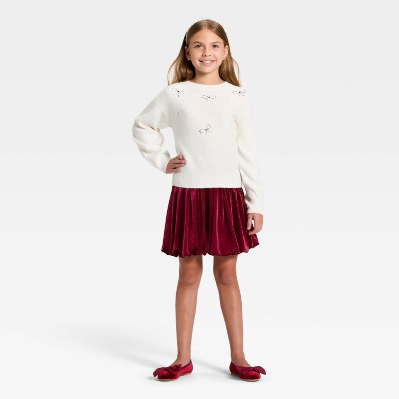 slide 3 of 3, Girls' Holiday Velvet Bubble Hem Skirt - Cat & Jack™ Dark Red M, 1 ct