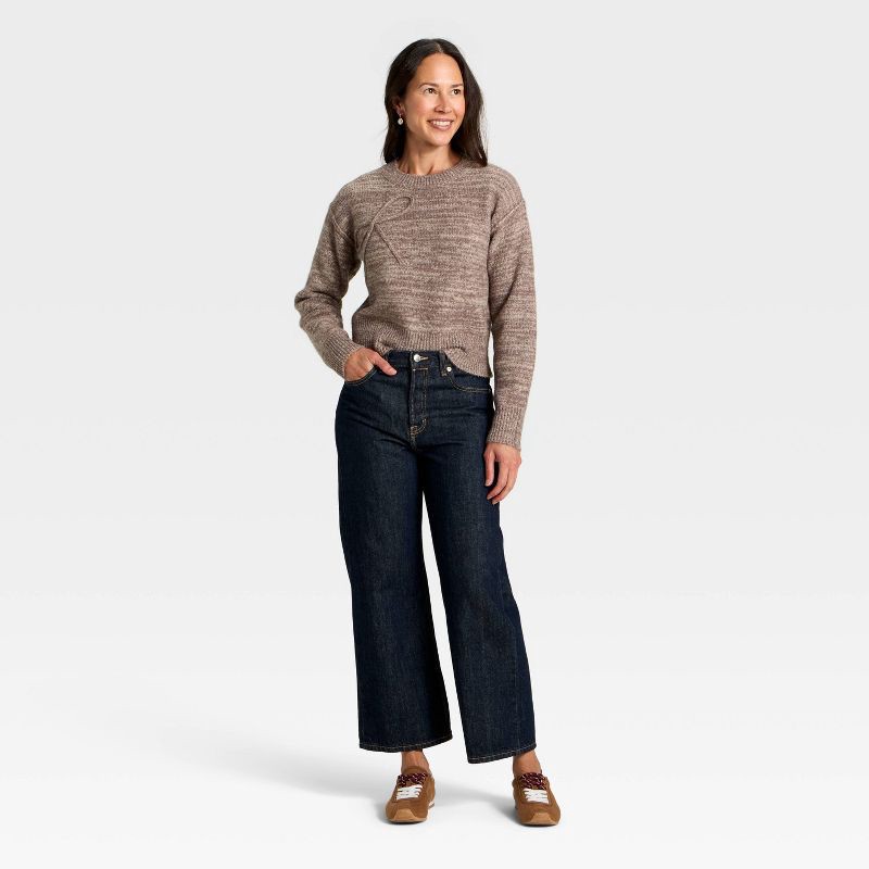 slide 3 of 3, Women's Holiday Crewneck Pullover Sweater - Universal Thread™ Brown Bow L, 1 ct