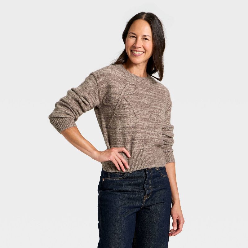 slide 1 of 3, Women's Long Sleeve Holiday Crewneck Pullover Sweater - Universal Thread™ Brown Bow XL, 1 ct