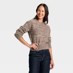 Women's Long Sleeve Holiday Crewneck Pullover Sweater - Universal Thread™ Brown Bow XL