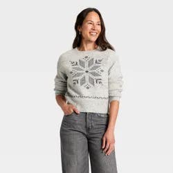 Women's Long Sleeve Holiday Crewneck Pullover Sweater - Universal Thread™ Gray Snowflakes S