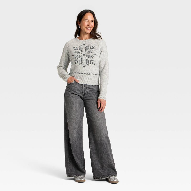 slide 3 of 3, Women's Long Sleeve Holiday Crewneck Pullover Sweater - Universal Thread™ Gray Snowflakes XL, 1 ct