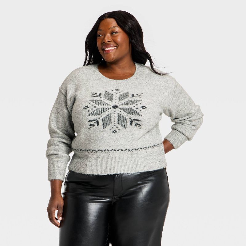 slide 1 of 3, Women's Long Sleeve Holiday Crewneck Pullover Sweater - Universal Thread™ Gray Snowflakes XXL, 1 ct