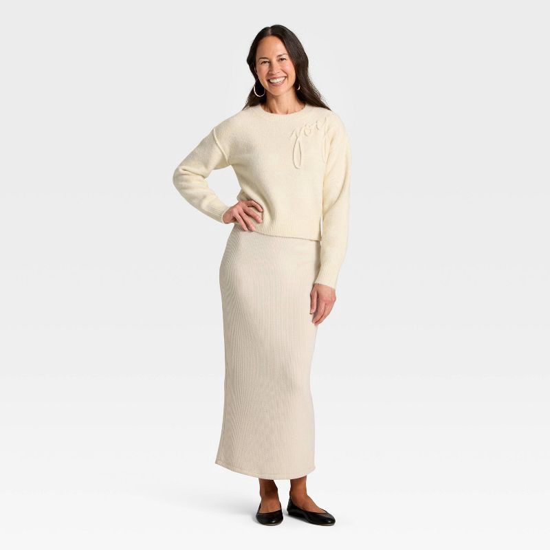 slide 3 of 3, Women's Holiday Crewneck Pullover Sweater - Universal Thread™ Cream Letters XS, 1 ct