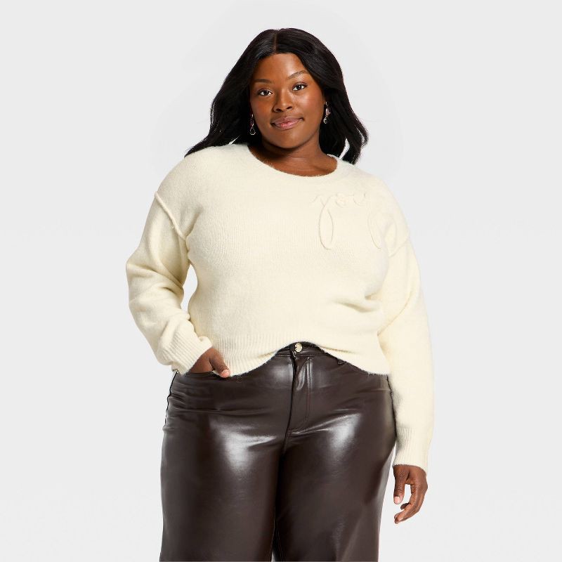 slide 1 of 3, Women's Long Sleeve Holiday Crewneck Pullover Sweater - Universal Thread™ Cream Letters XXL, 1 ct