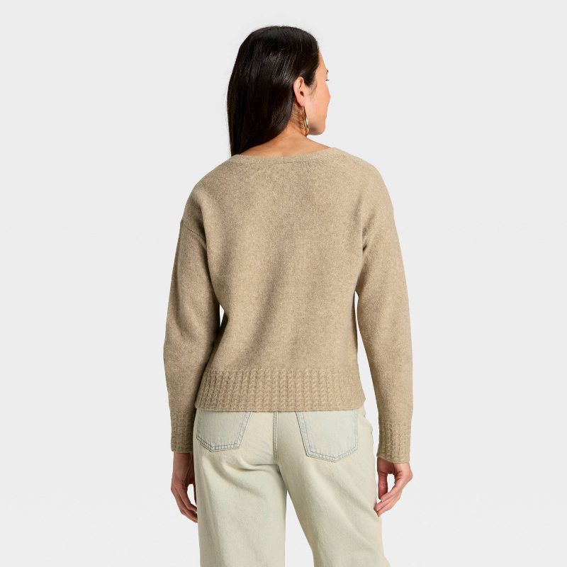 slide 2 of 3, Women's Long Sleeve Cable Trim V-Neck Pullover Sweater - Universal Thread™ Taupe M, 1 ct