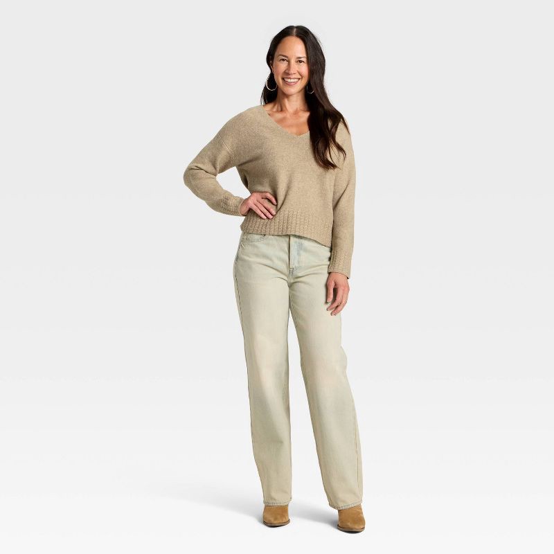 slide 3 of 3, Women's Long Sleeve Cable Trim V-Neck Pullover Sweater - Universal Thread™ Taupe M, 1 ct