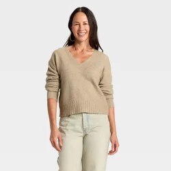 Women's Long Sleeve Cable Trim V-Neck Pullover Sweater - Universal Thread™ Taupe M