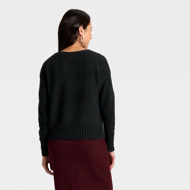 slide 2 of 3, Women's Long Sleeve Cable Trim V-Neck Pullover Sweater - Universal Thread™ Black S, 1 ct