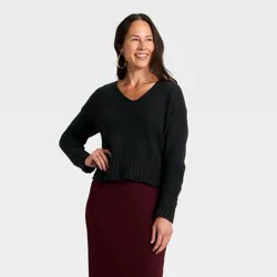 Women's Long Sleeve Cable Trim V-Neck Pullover Sweater - Universal Thread™ Black L