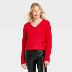 Women's Long Sleeve Cable Trim V-Neck Pullover Sweater - Universal Thread™ Red S