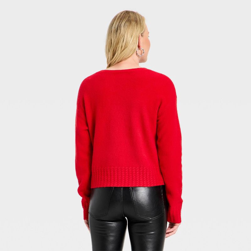 slide 2 of 3, Women's Long Sleeve Cable Trim V-Neck Pullover Sweater - Universal Thread™ Red L, 1 ct