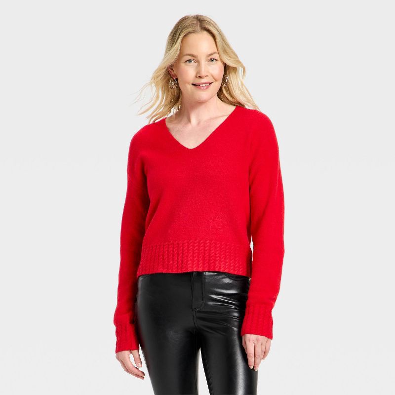 slide 1 of 3, Women's Long Sleeve Cable Trim V-Neck Pullover Sweater - Universal Thread™ Red L, 1 ct