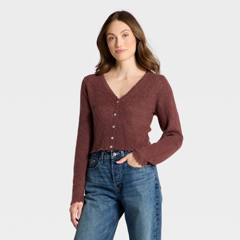 slide 1 of 3, Women's V-Neck Cozy Lace Cardigan Sweater - Universal Thread™ Burgundy L, 1 ct