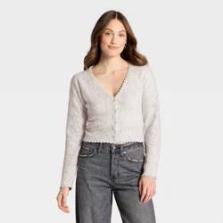 Women's V-Neck Cozy Lace Cardigan Sweater - Universal Thread™ Light Gray L