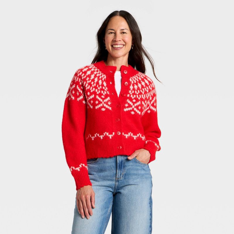slide 1 of 3, Women's Merriment Cardigan Sweater - Universal Thread™ Red XS, 1 ct