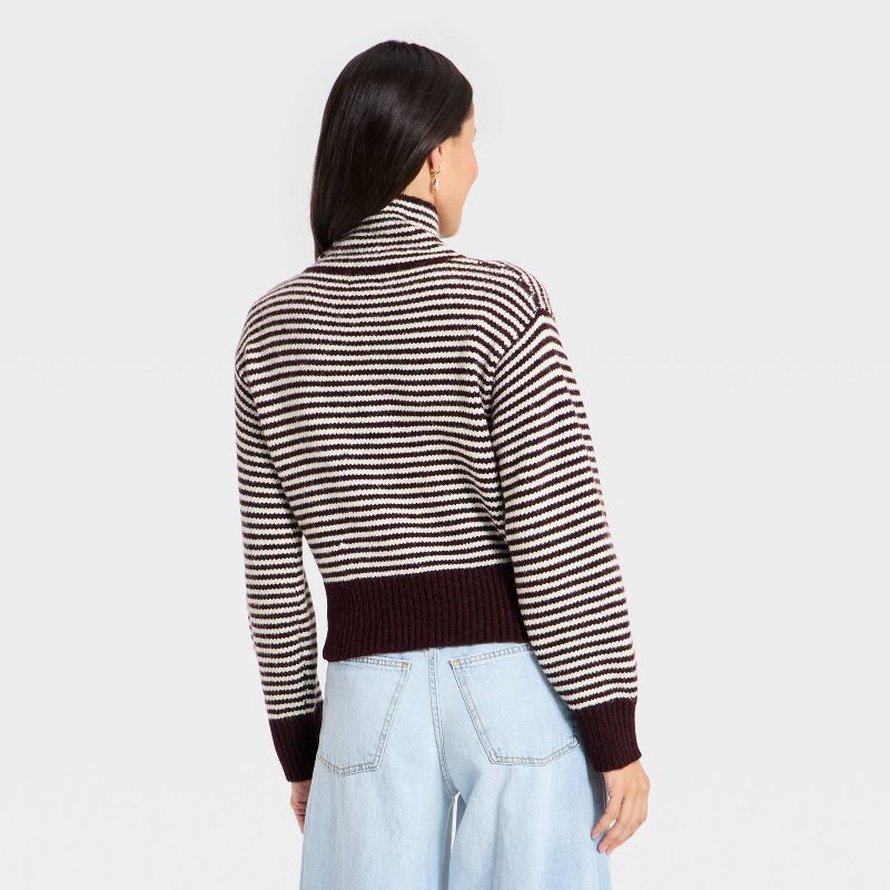 slide 2 of 3, Women's Long Sleeve Mock Turtleneck Button Pullover Sweater - Universal Thread™ Burgundy Striped L, 1 ct