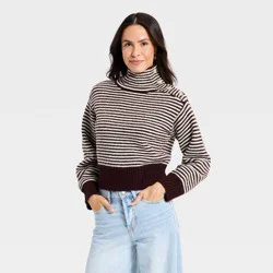 Women's Long Sleeve Mock Turtleneck Button Pullover Sweater - Universal Thread™ Burgundy Striped L